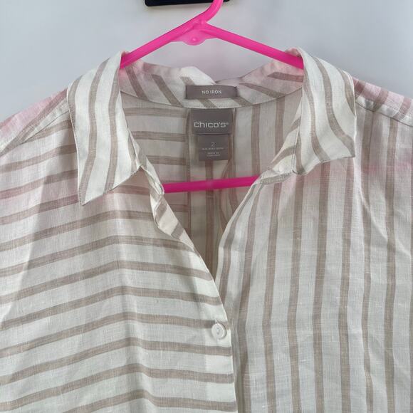 CHICO'S Shirt Size 12/14 No Iron Button Down 100% Linen Stripes White Neutral - Picture 6 of 13